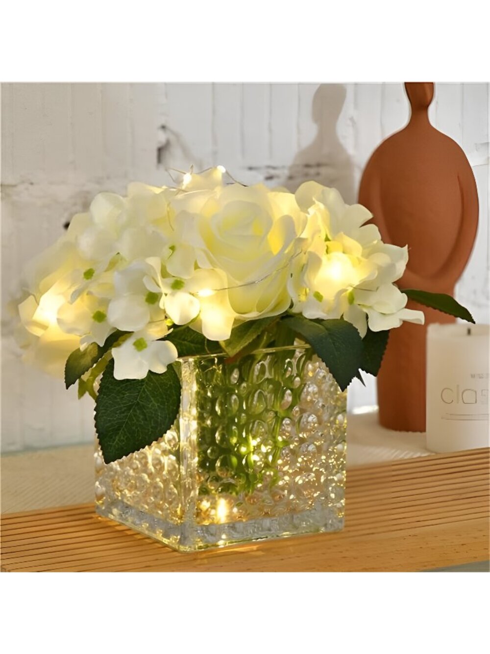 Artificial Silk Rose Flower Centerpiece Arrangement in Glass Vase with LED